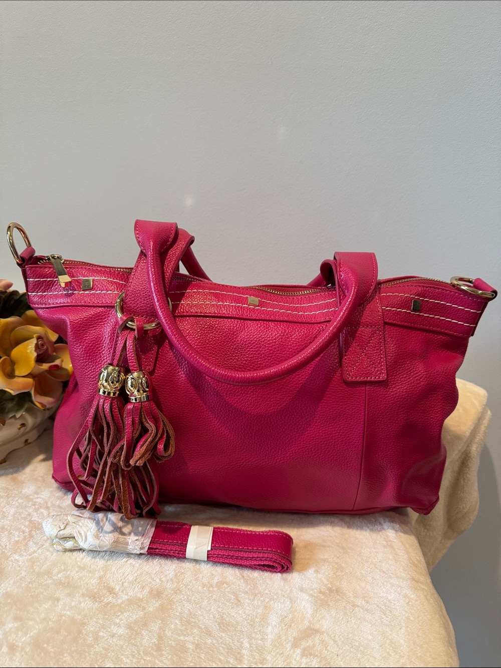 Cuore & Pelle Amelia Vivid Pink Large Pebble Leather Tote Shopper Handbag.